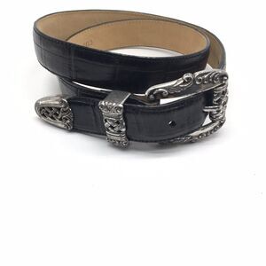 1995 Brighton Croc Embossed Leather Belt L44803 Black Silver Scrolls Buckle Sz L
